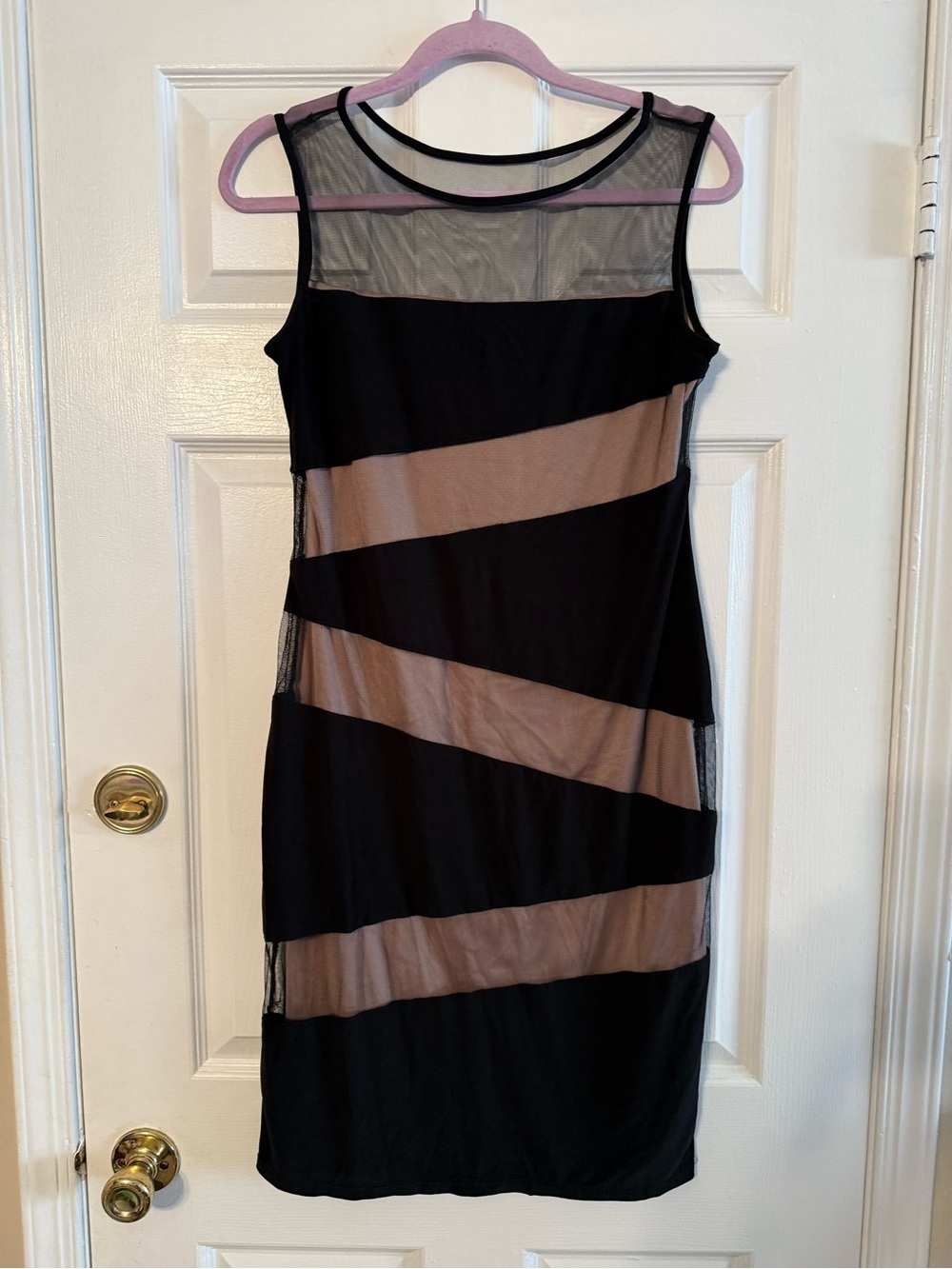 R&M Richards Black and Nude Mesh-Stripes Midi Dress